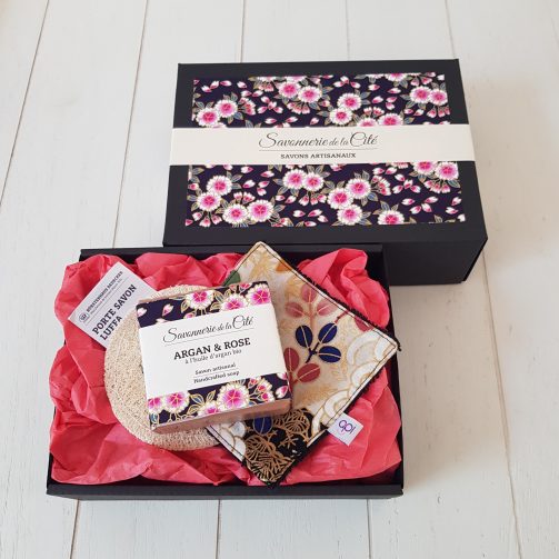 Coffret Savon Argan et Rose - porte savon & lingette démaquillante